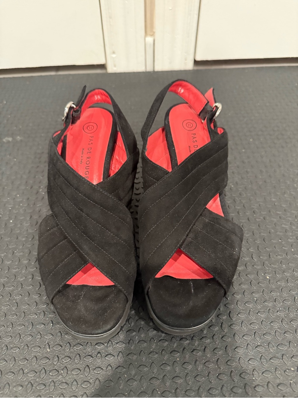 Pas de Rouge Black Suede Crisscross Wedge Sandals with Red Insole